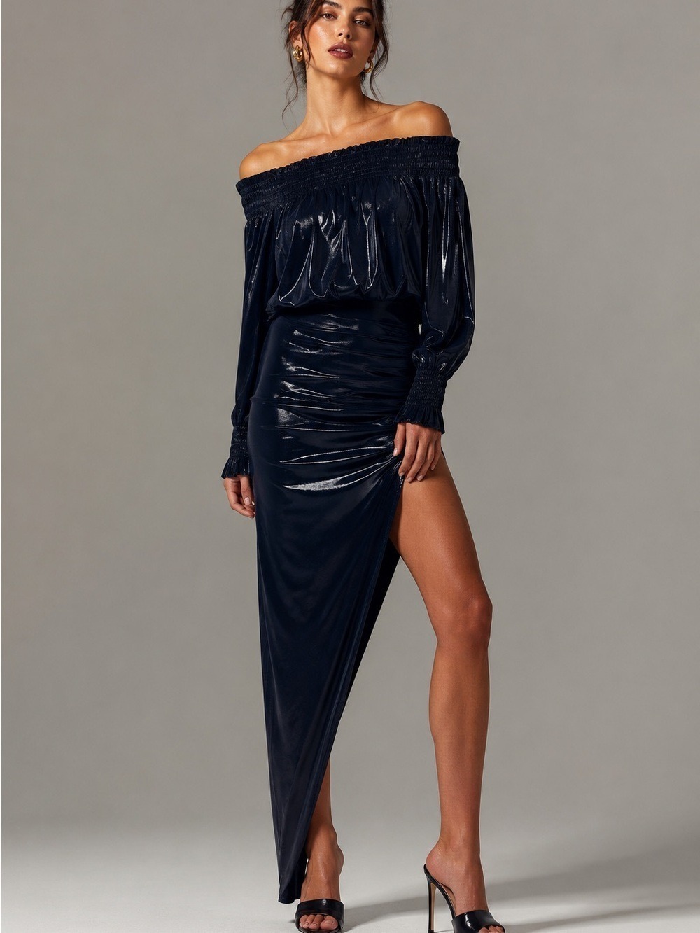 NWT Norma Kamali Long Sleeve Peasant Side Drape Gown Black Metallic S